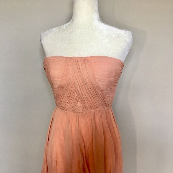 Donna Morgan Sz 2 Orange Coral Pink Dress Strapless Sweetheart Crinkle Silk - Picture 4 of 12